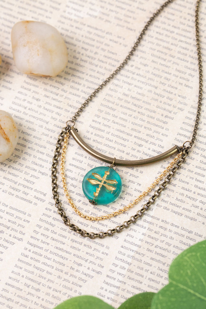 Rustic Creek 15.25-17.25" Matte Gold Plated Brass Chain With Gold Etched Czech Glass Dragonfly Simple Necklace