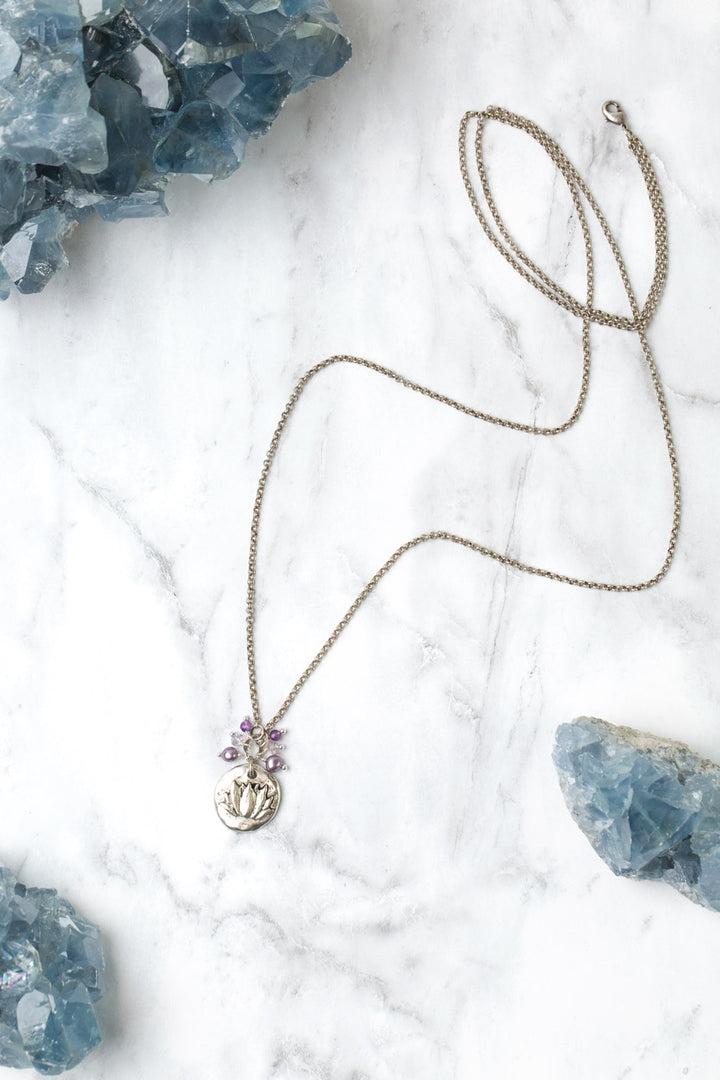 Reflections 17 or 33.5" Lotus Pendant, Freshwater Pearl, Crystal Cluster Necklace