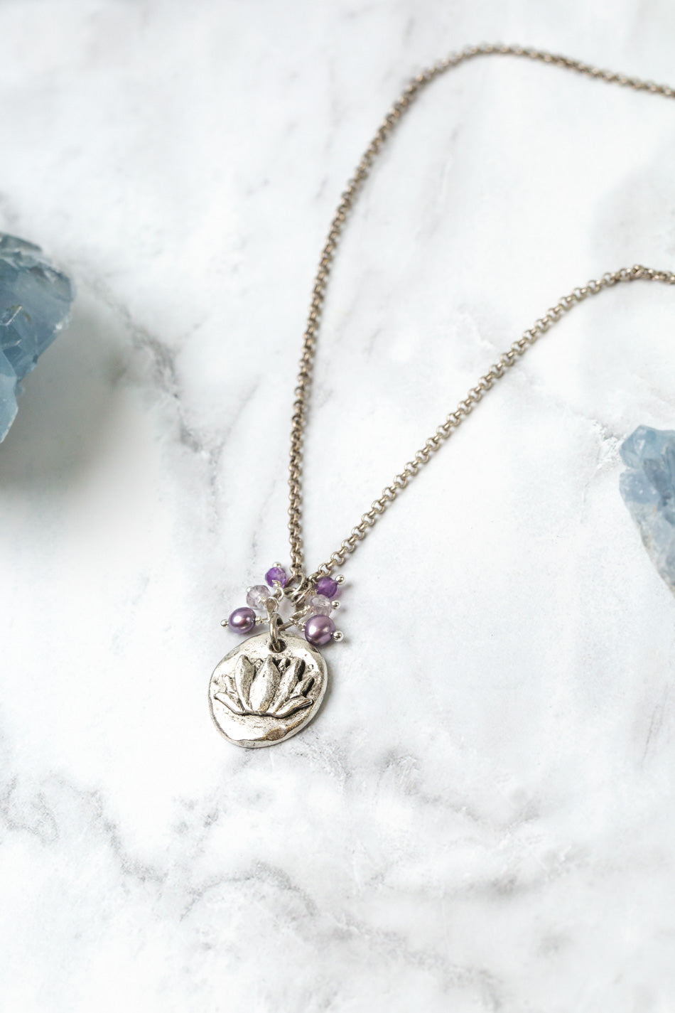 Reflections 17 or 33.5" Lotus Pendant, Freshwater Pearl, Crystal Cluster Necklace