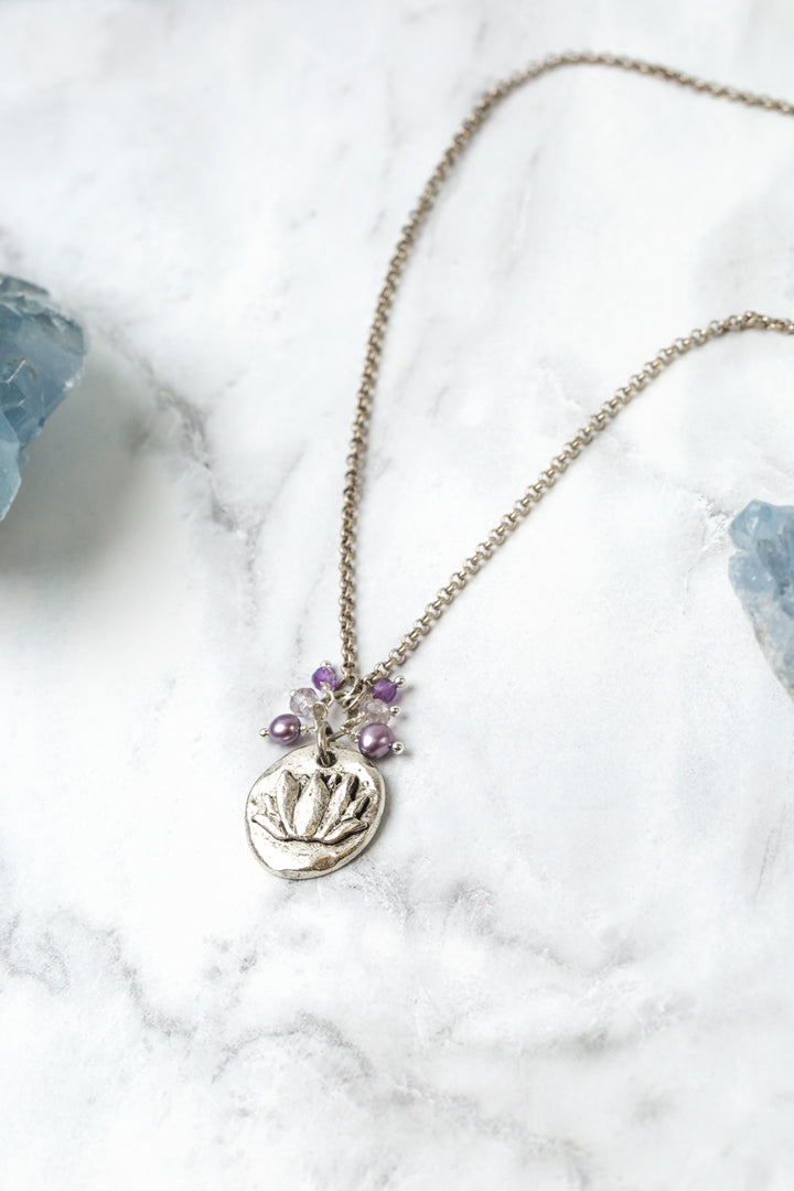 Reflections 17 or 33.5" Lotus Pendant, Freshwater Pearl, Crystal Cluster Necklace
