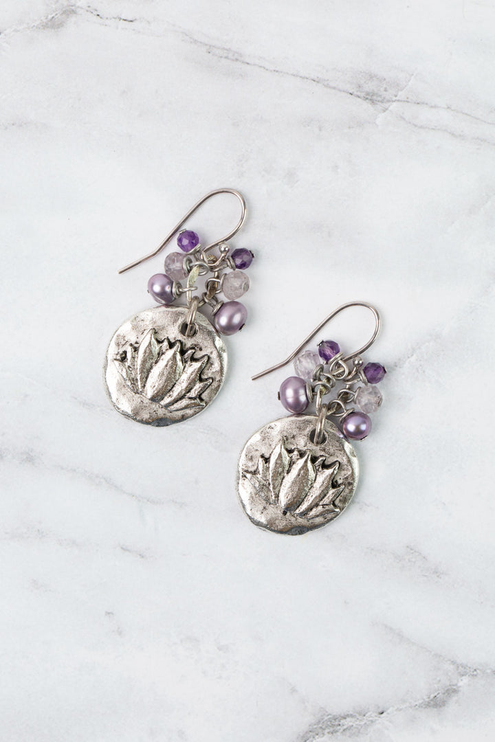Reflections Antique Silver Lotus Circle, Freshwater Pearl, Crystal Cluster Earrings