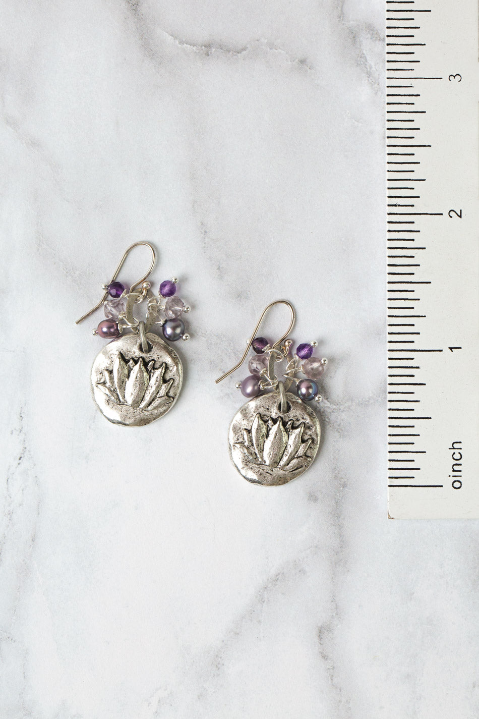 Reflections Antique Silver Lotus Circle, Freshwater Pearl, Crystal Cluster Earrings