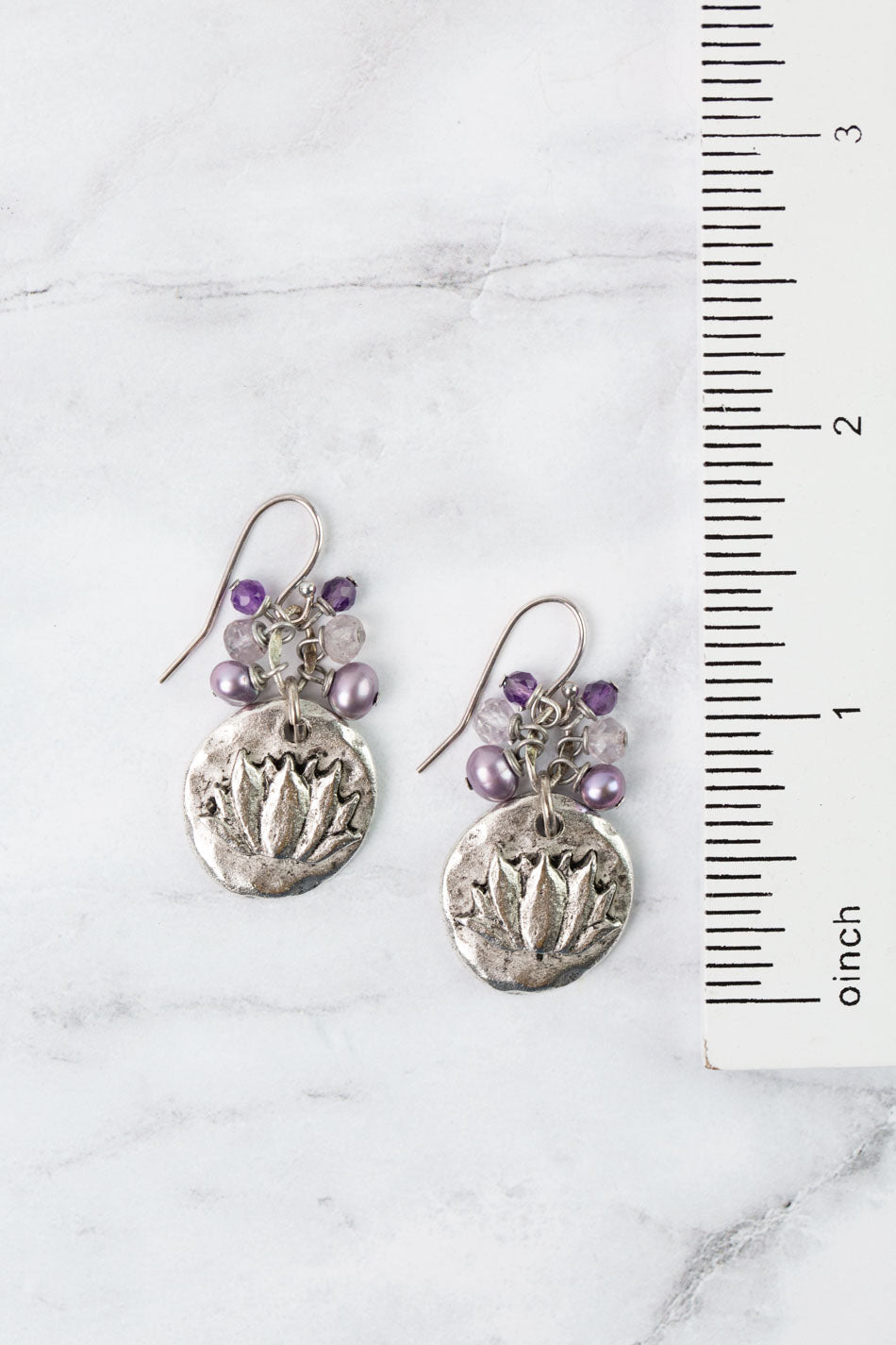 Reflections Antique Silver Lotus Circle, Freshwater Pearl, Crystal Cluster Earrings