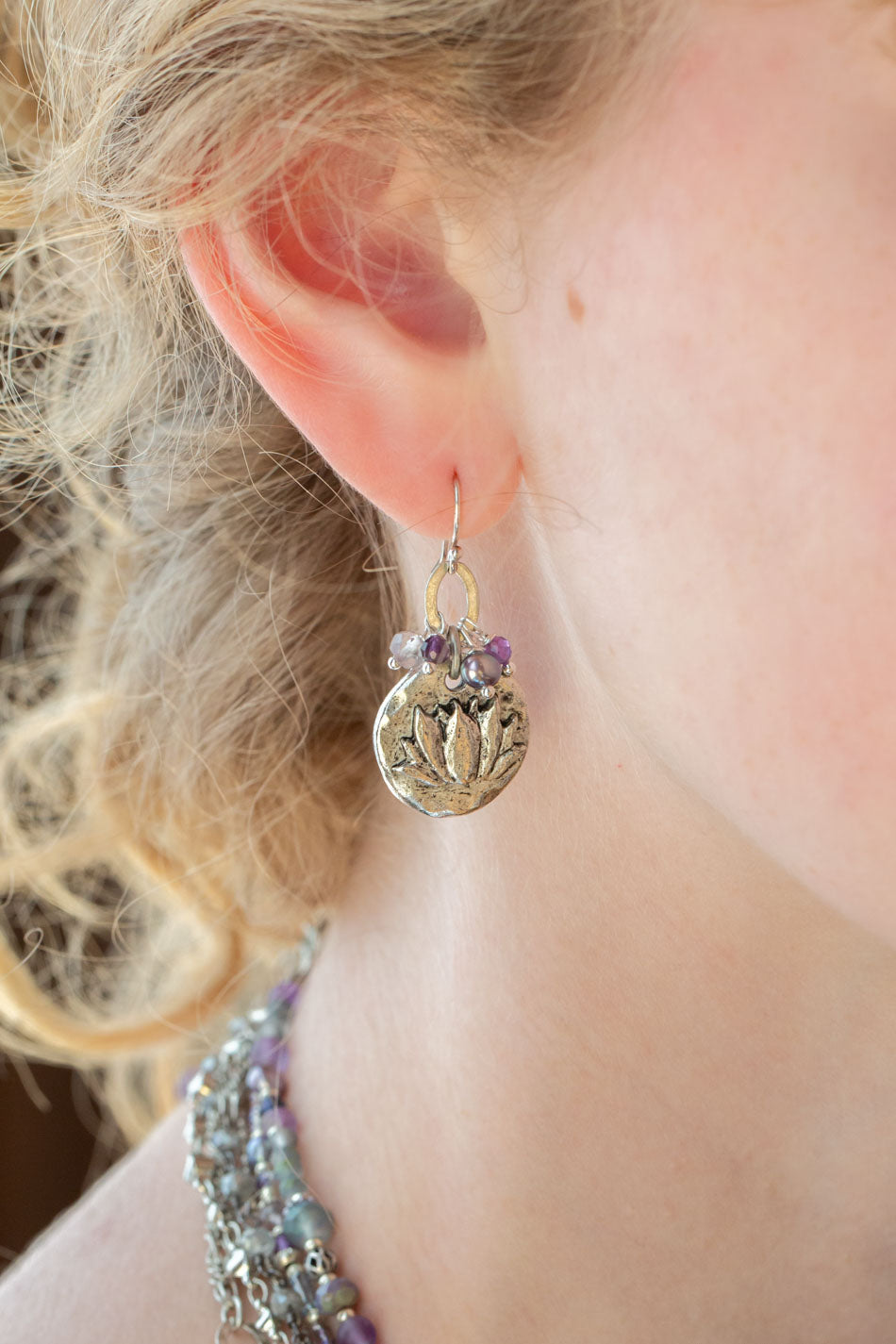 Reflections Antique Silver Lotus Circle, Freshwater Pearl, Crystal Cluster Earrings
