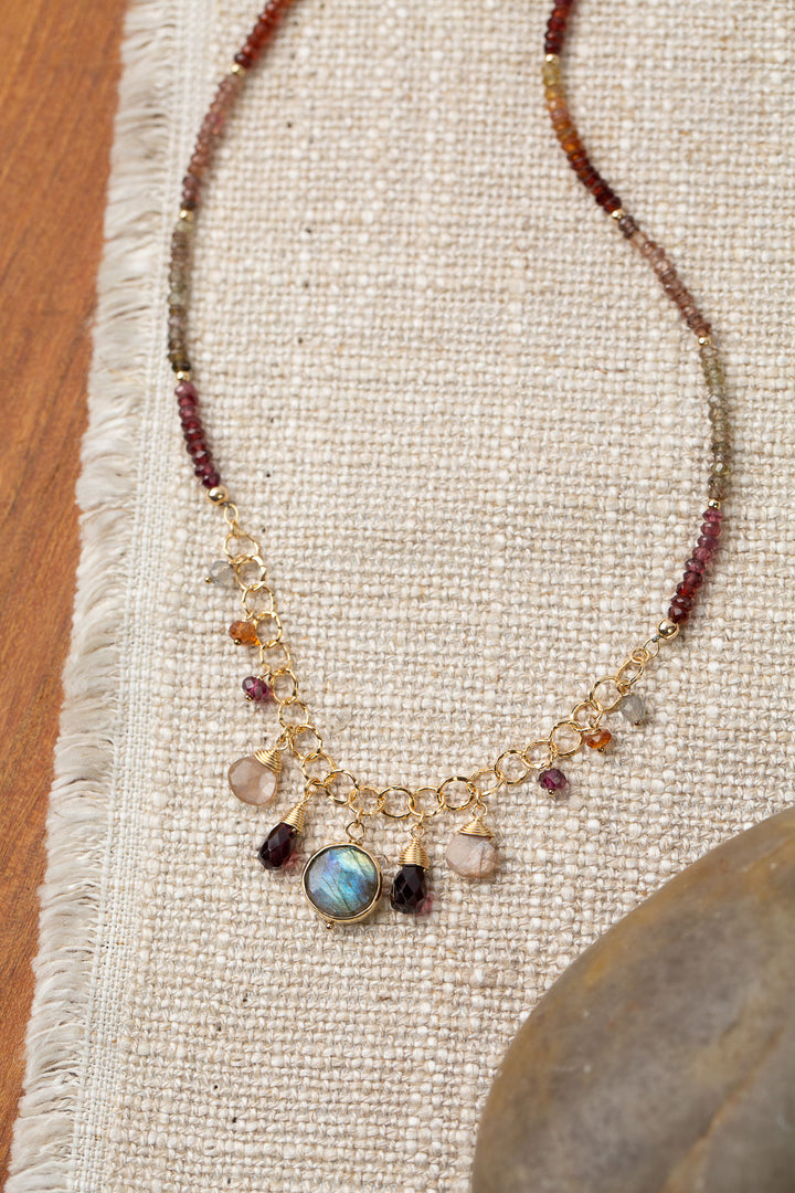 Sapphire 17-19" Moonstone, Garnet With Labradorite Collage Necklace