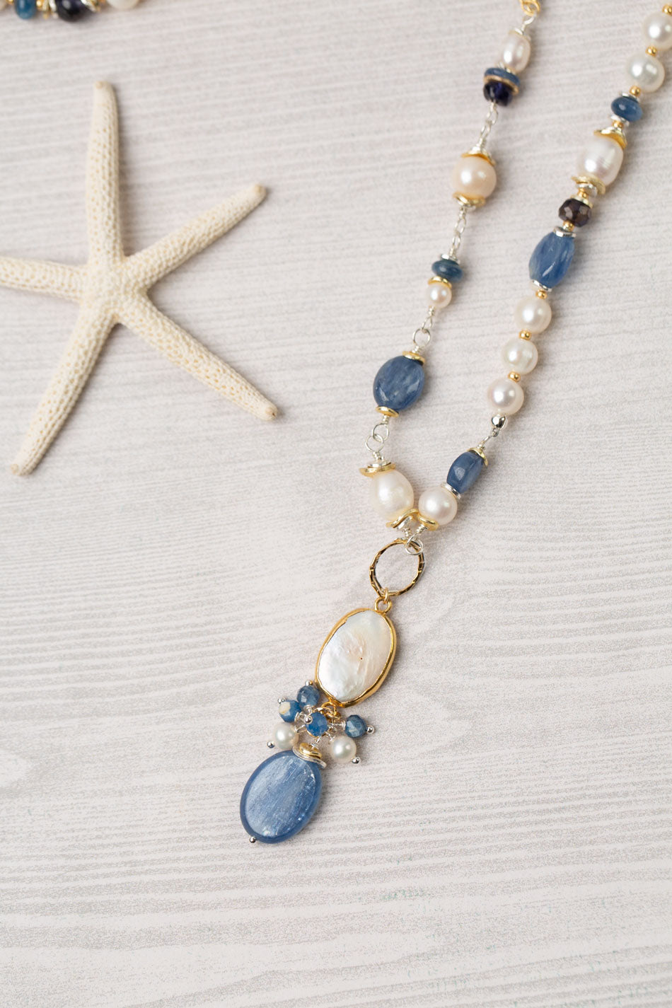 Seaside 23.5-25.5" Freshwater Pearl, Kyanite, Iolite Collage Focal Necklace