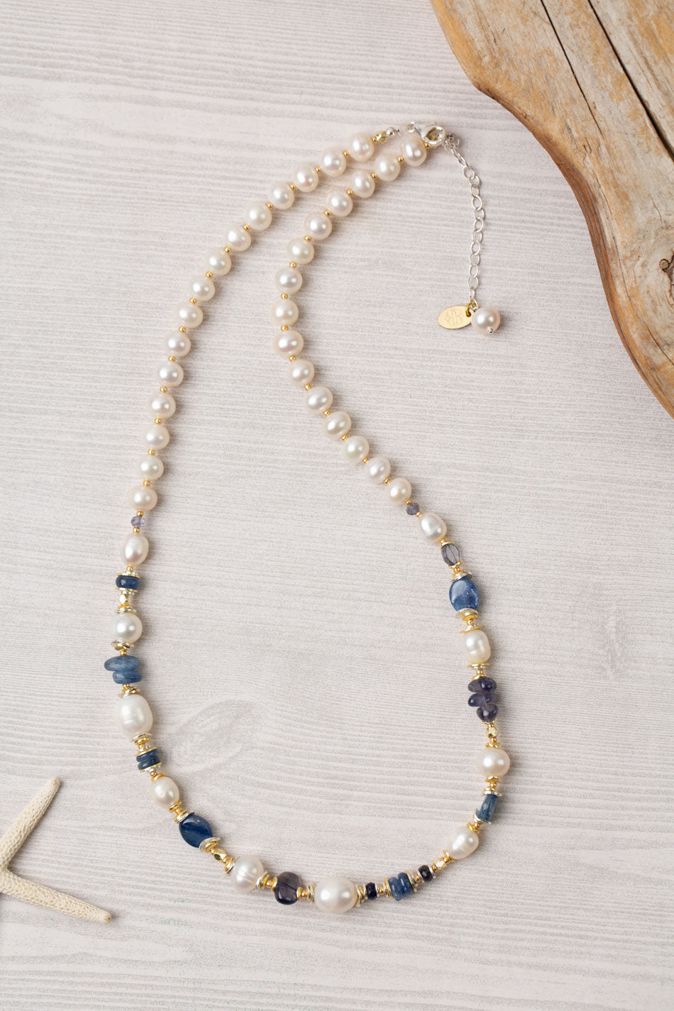 Seaside 21.5-23.5" Fresh Water Pearl, Kyanite, Iolite Collage Necklace