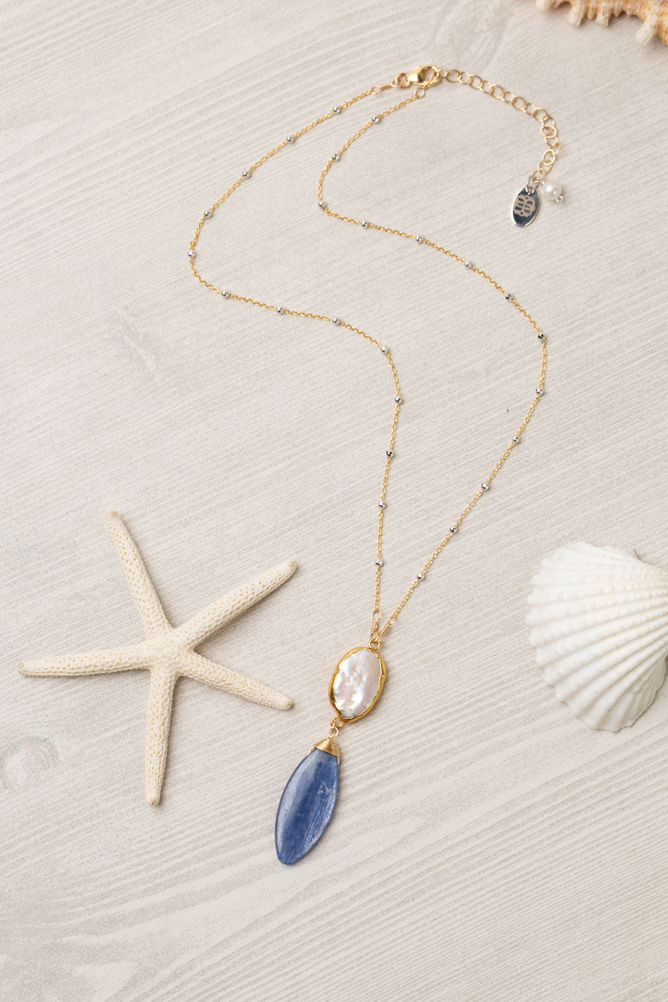 Seaside 16-18" Freshwater Pearl, Kyanite Drop Focal Necklace