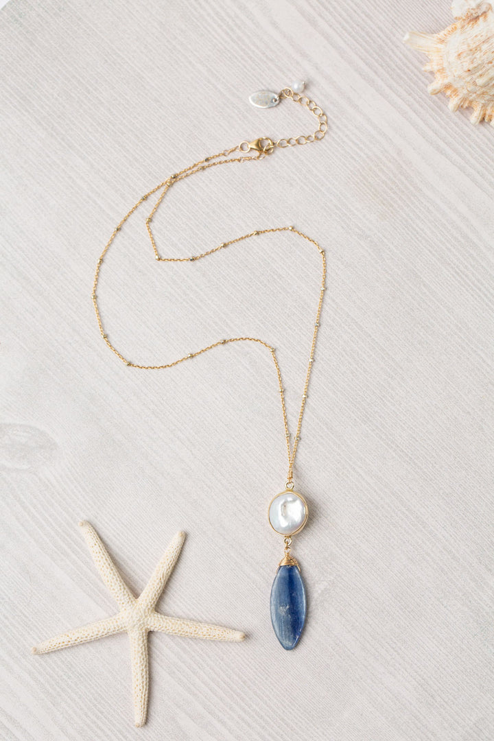 Seaside 16-18" Freshwater Pearl, Kyanite Drop Focal Necklace