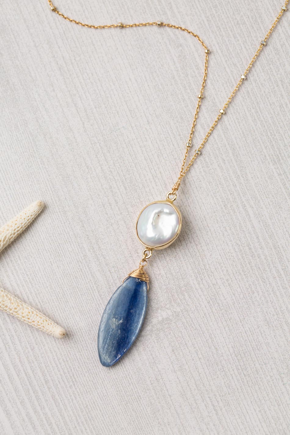 Seaside 16-18" Freshwater Pearl, Kyanite Drop Focal Necklace