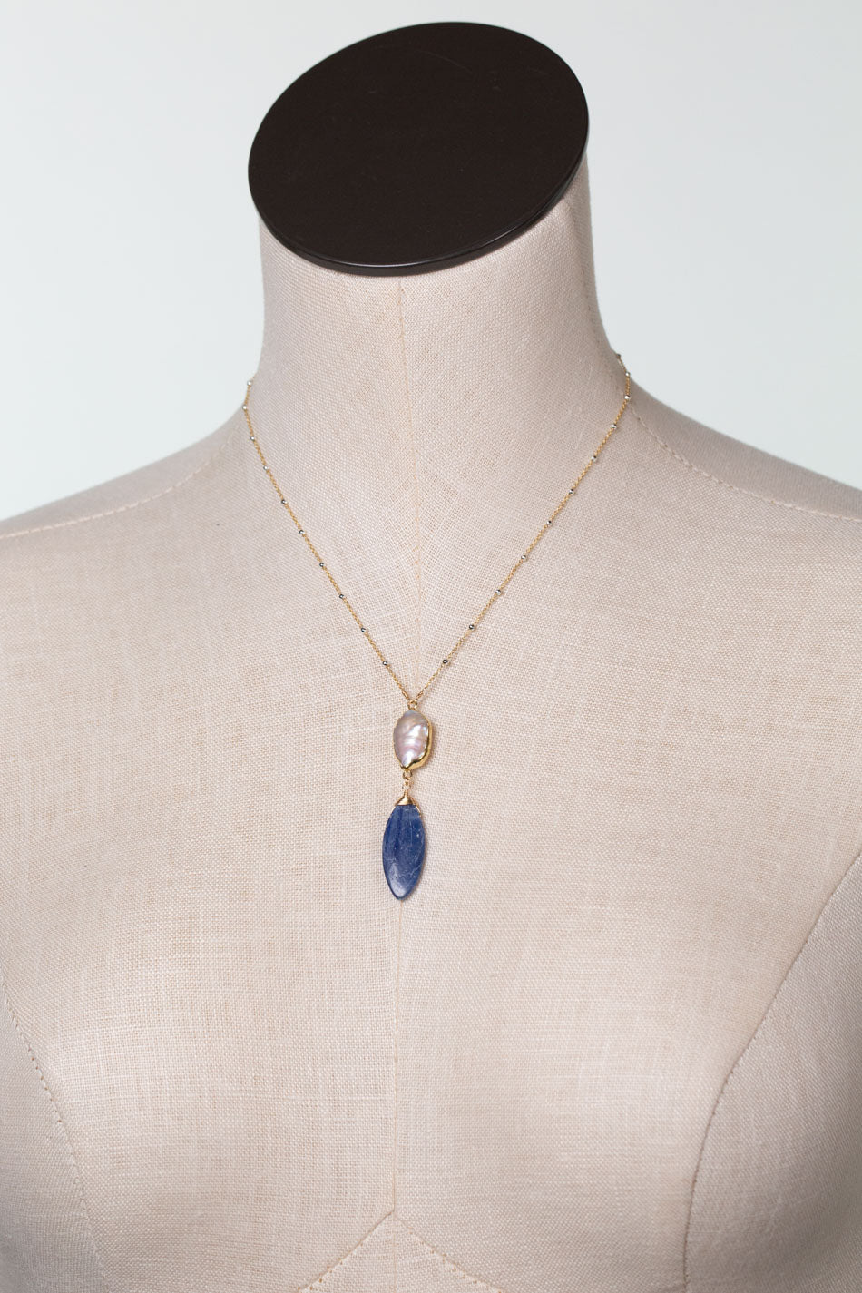Seaside 16-18" Freshwater Pearl, Kyanite Drop Focal Necklace