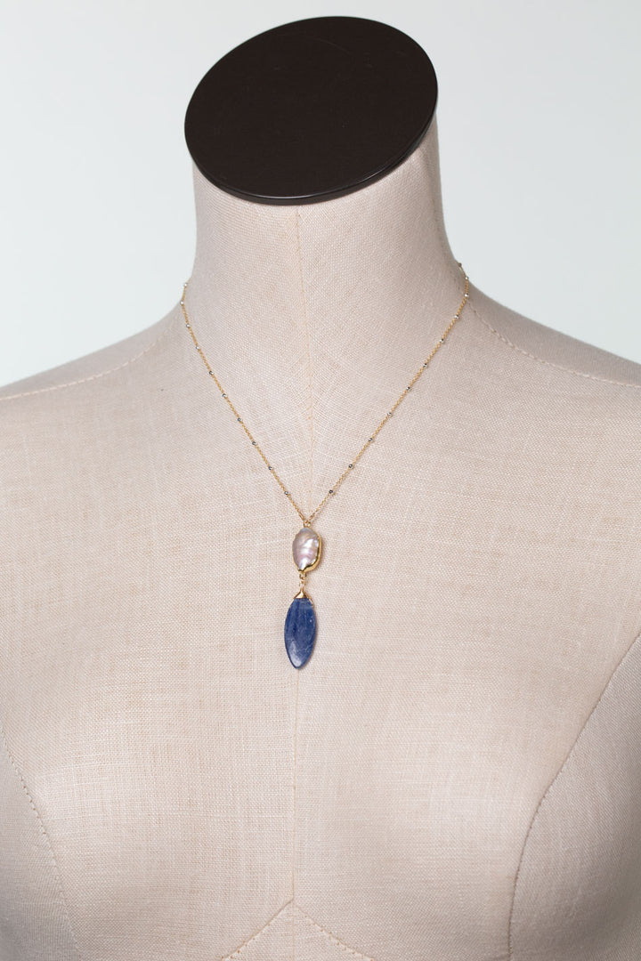 Seaside 16-18" Freshwater Pearl, Kyanite Drop Focal Necklace