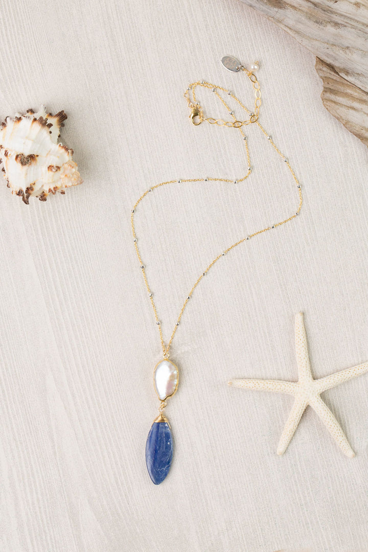 Seaside 16-18" Freshwater Pearl, Kyanite Drop Focal Necklace