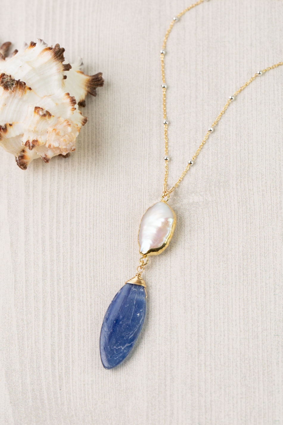 Seaside 16-18" Freshwater Pearl, Kyanite Drop Focal Necklace