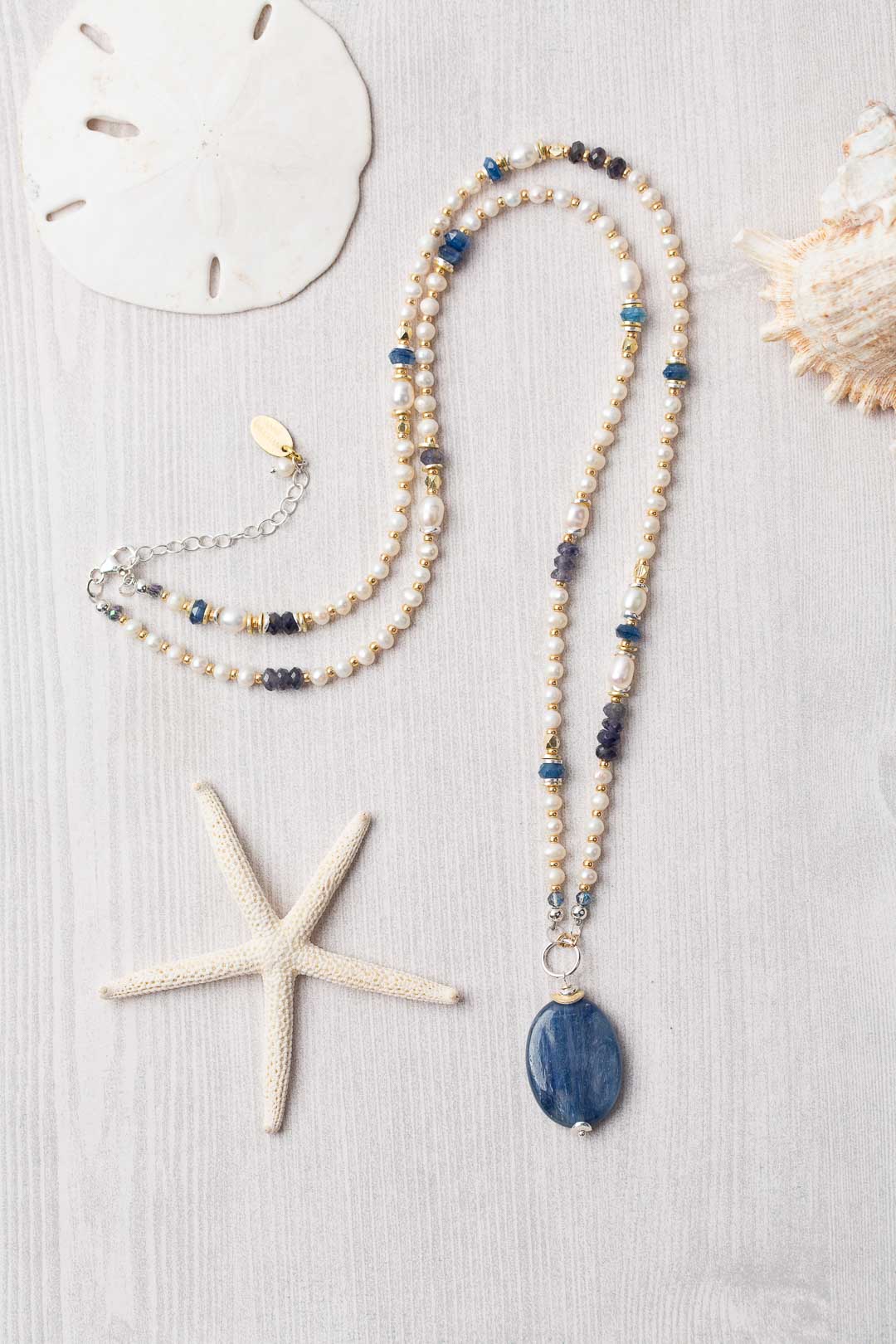 Seaside 26-28" Kyanite, Fresh Water Pearl, Iolite Collage Focal Necklace