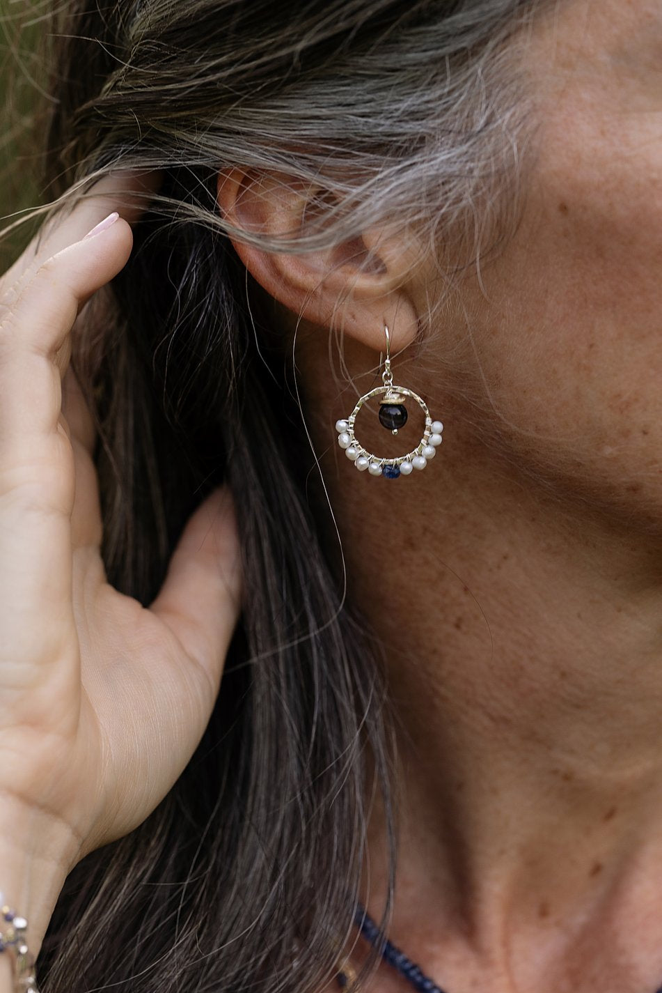 Seaside Pearl, Kyanite, Iolite Hoop Earrings