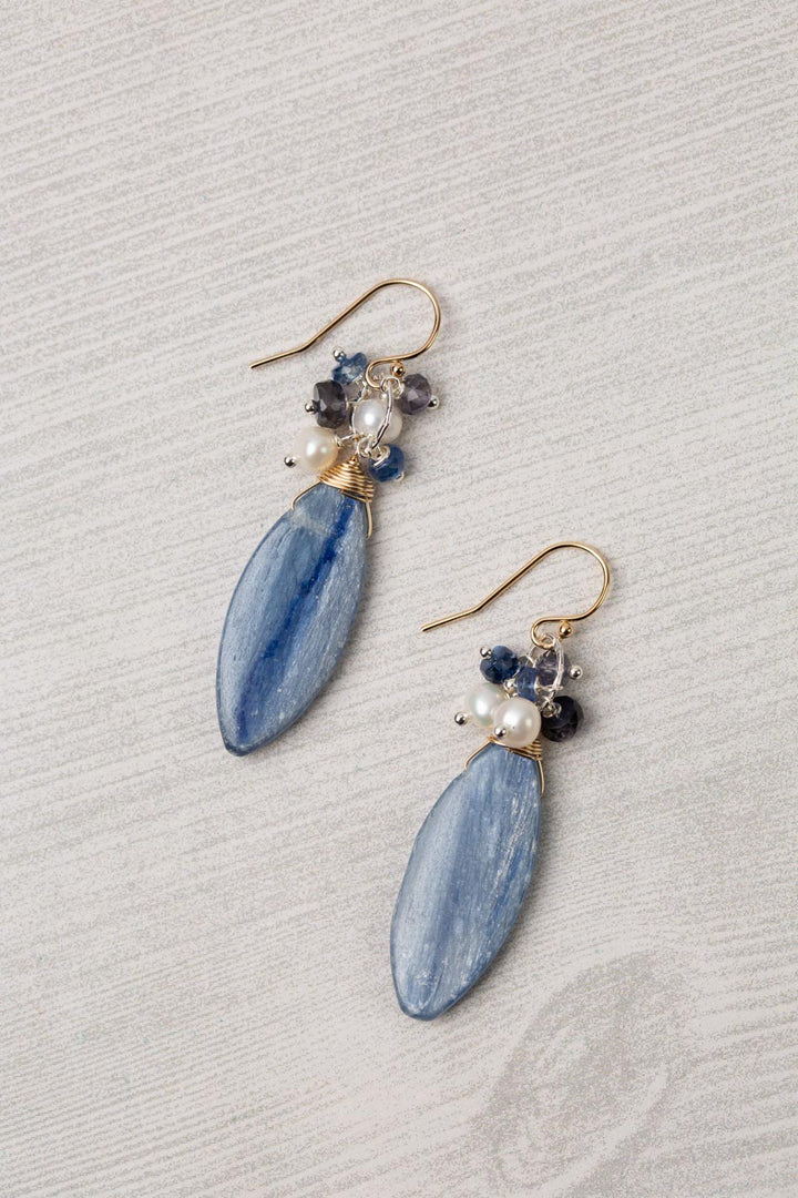 Seaside Kayanite Briolette, Pearl, Iolite Cluster Earrings