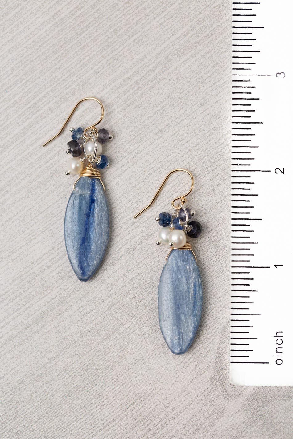 Seaside Kyanite Briolette, Pearl, Iolite Cluster Earrings