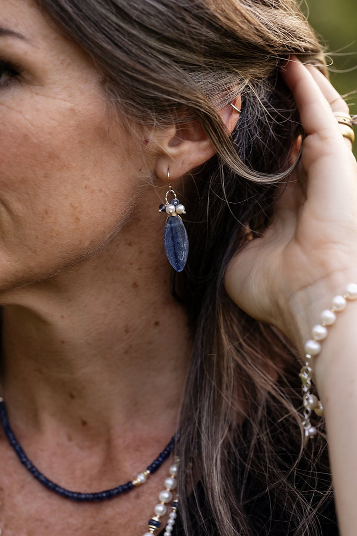 Seaside Kyanite Briolette, Pearl, Iolite Cluster Earrings