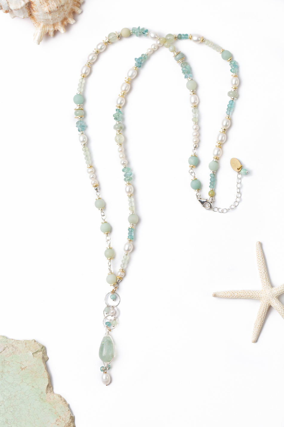 Serenity 25.5-27.5 Aquamarine, Freshwater Pearl, Apatite Dangle Pendant Necklace