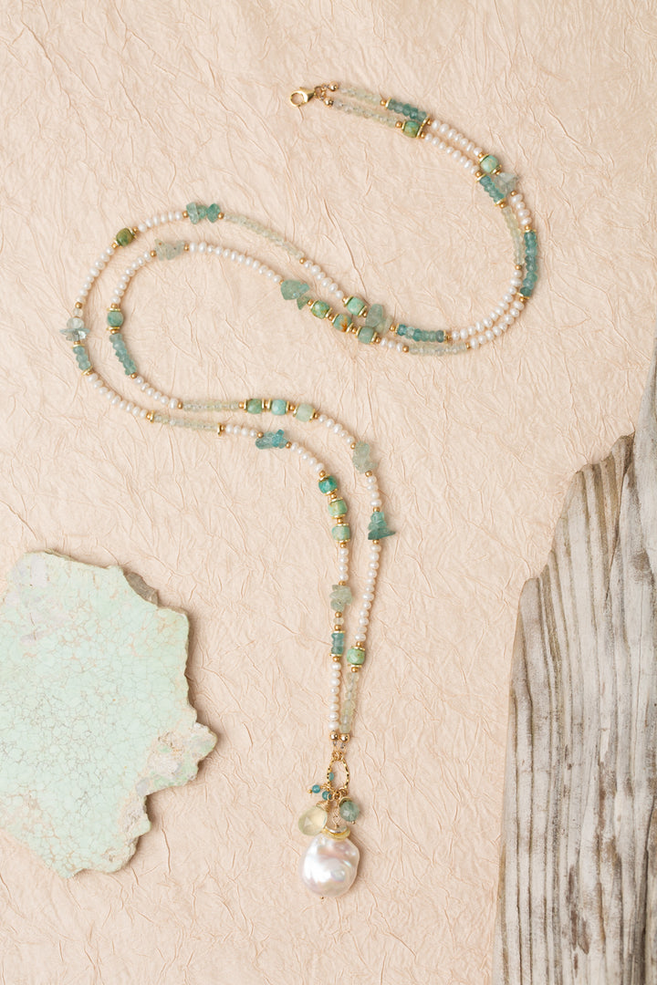 Serenity 17.5 or 34" Prehnite, Apatite, Amazonite With Freshwater Pearl Collage Necklace