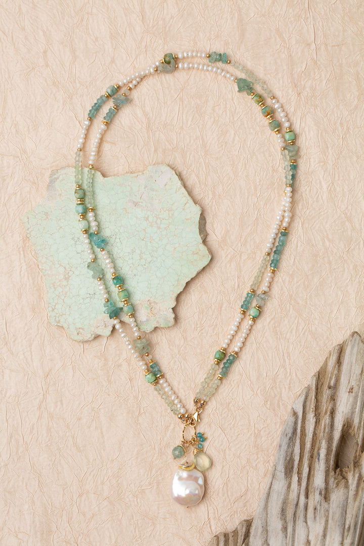 Serenity 17.5 or 34" Prehnite, Apatite, Amazonite With Freshwater Pearl Collage Necklace