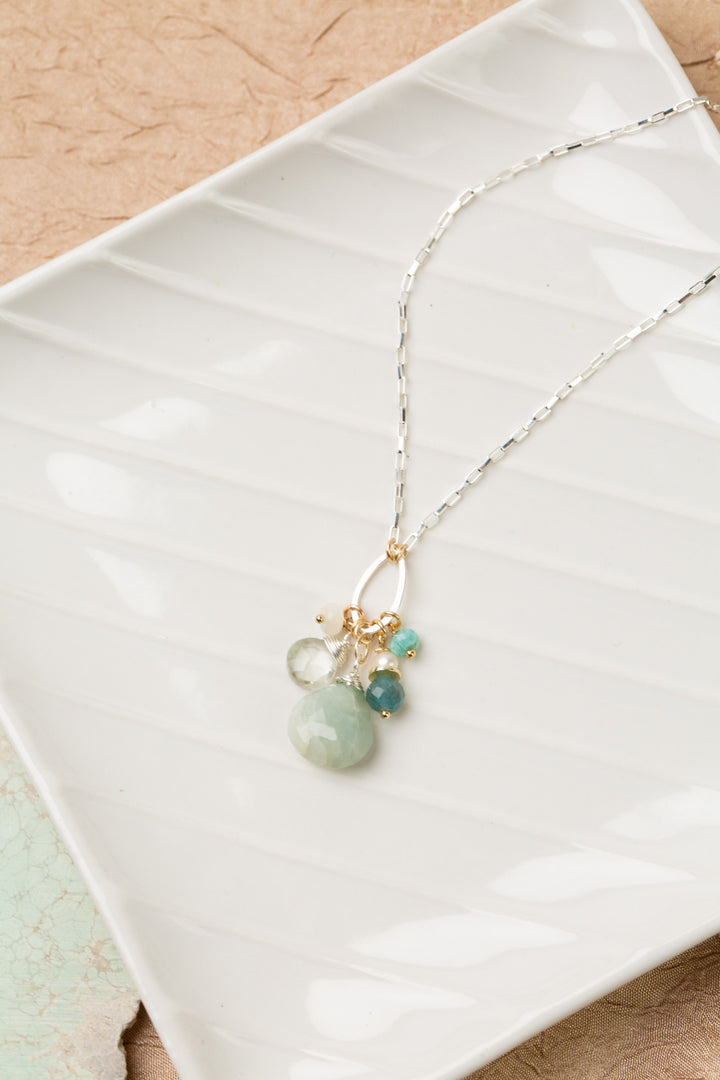 Serenity 17-19" Blue Apatite, Freshwater Pearl, Green Amethyst With Faceted Amazonite Cluster Necklace