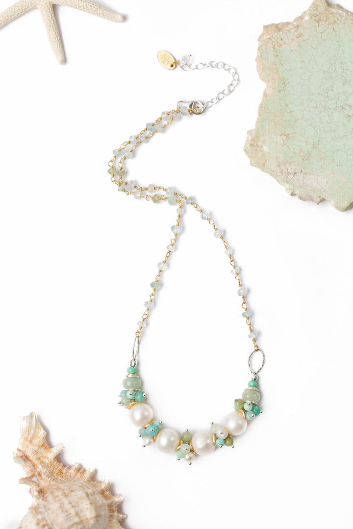 Serenity 17-19" Amazonite, Aquamarine With Freshwater Pearl Simple Necklace