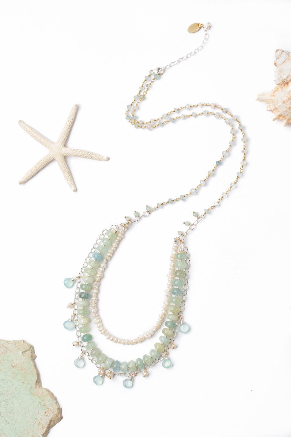 Serenity 26.5-28.5" Aquamarine, Freshwater Pearl, Faceted Blue Chalcedony Multistrand Necklace