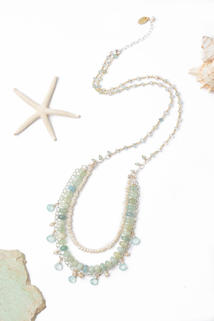 Serenity 26.5-28.5" Aquamarine, Freshwater Pearl, Faceted Blue Chalcedony Multistrand Necklace