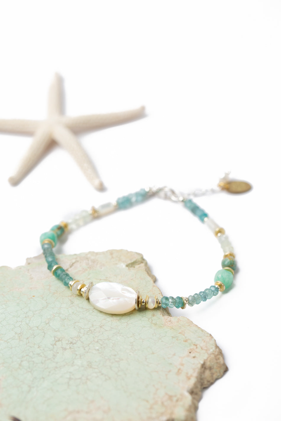 Serenity 7.5-8.5" Blue Apatite, Amazonite, Prehnite With Faceted Mother Of Pearl Collage Bracelet