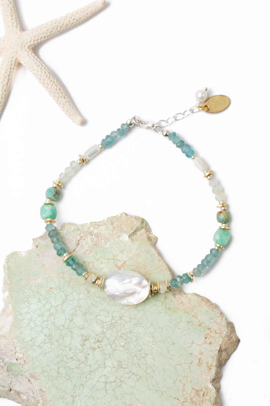 Serenity 7.5-8.5" Blue Apatite, Amazonite, Prehnite With Faceted Mother Of Pearl Collage Bracelet