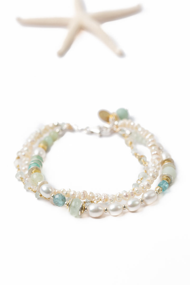 Serenity 7.5-8.5" Aquamarine, Faceted Amazonite, Freshwater Pearl Multistrand Bracelet