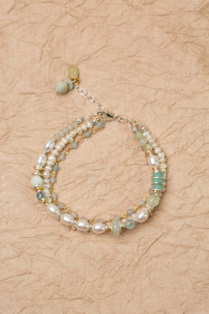 Serenity 7.5-8.5" Aquamarine, Faceted Amazonite, Freshwater Pearl Multistrand Bracelet