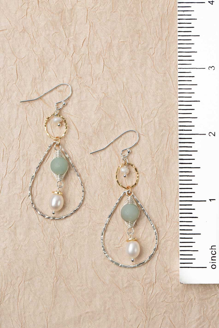 Serenity Freshwater Pearl, Matte Amazonite With Sterling Silver Teardrop With Gold Filled Hoop Herringbone Earrings