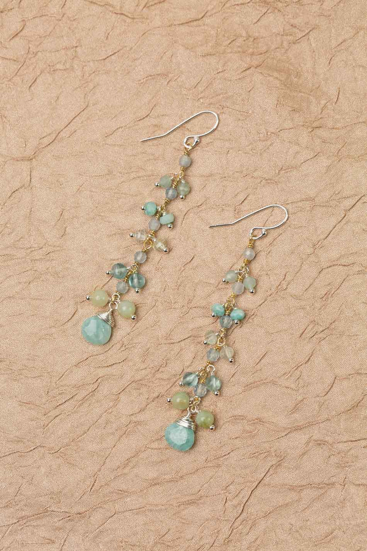 Serenity Aquamarine, Prehnite, Blue Apatite With Faceted Amazonite Briolette Dangle Earrings