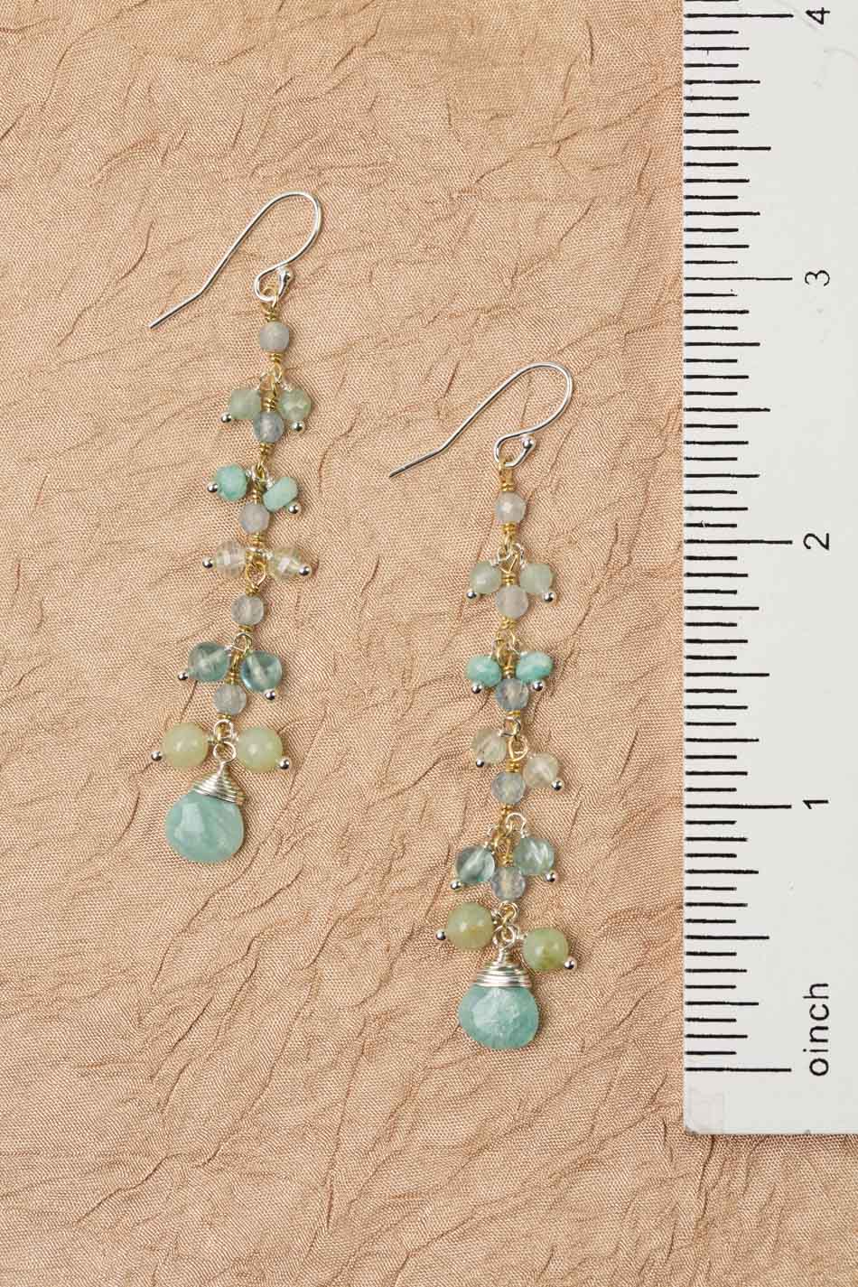 Serenity Aquamarine, Prehnite, Blue Apatite With Faceted Amazonite Briolette Dangle Earrings