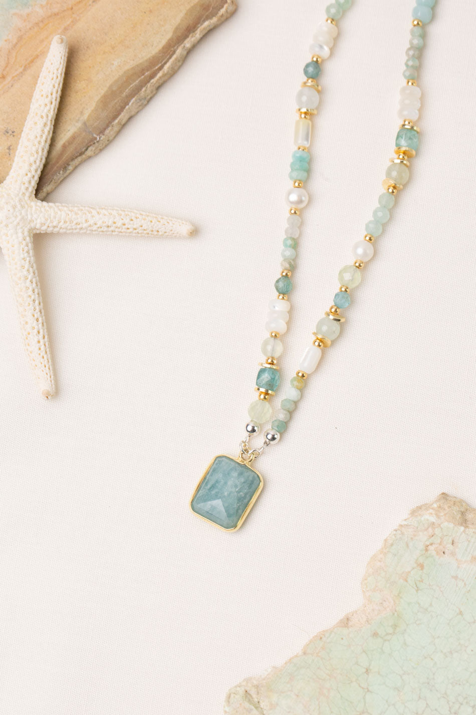 Serenity 16-18" Freshwater Pearl, Apatite, Amazonite with Aquamarine Collage Necklace