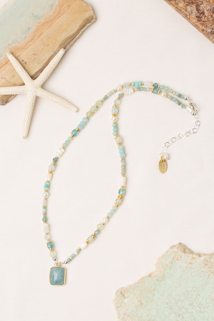 Serenity 16-18" Freshwater Pearl, Apatite, Amazonite with Aquamarine Collage Necklace