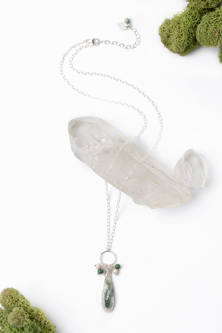 Spring Frost 22.5-24.5 Freshwater Pearl, Moonstone With High Quality Moss Agate Long Drop Pendant Cluster Necklace