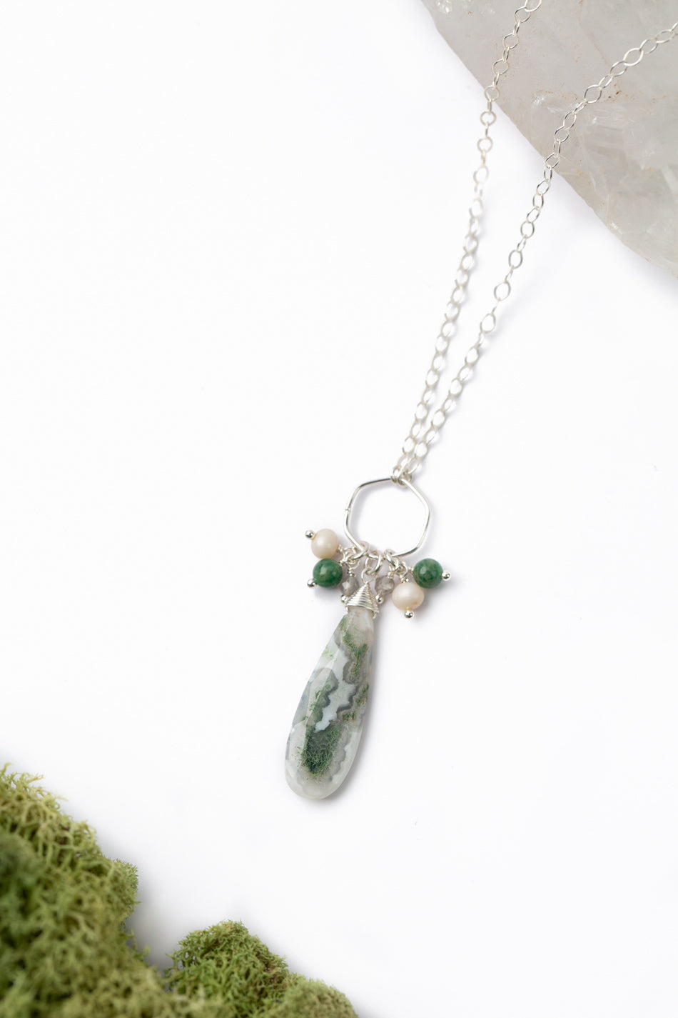 Spring Frost 22.5-24.5 Freshwater Pearl, Moonstone With High Quality Moss Agate Long Drop Pendant Cluster Necklace
