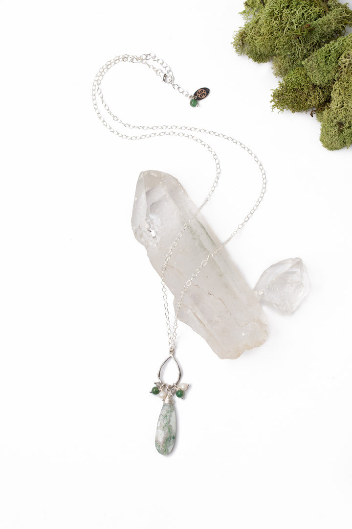 Spring Frost 22.5-24.5 Freshwater Pearl, Moonstone With High Quality Moss Agate Long Drop Pendant Cluster Necklace