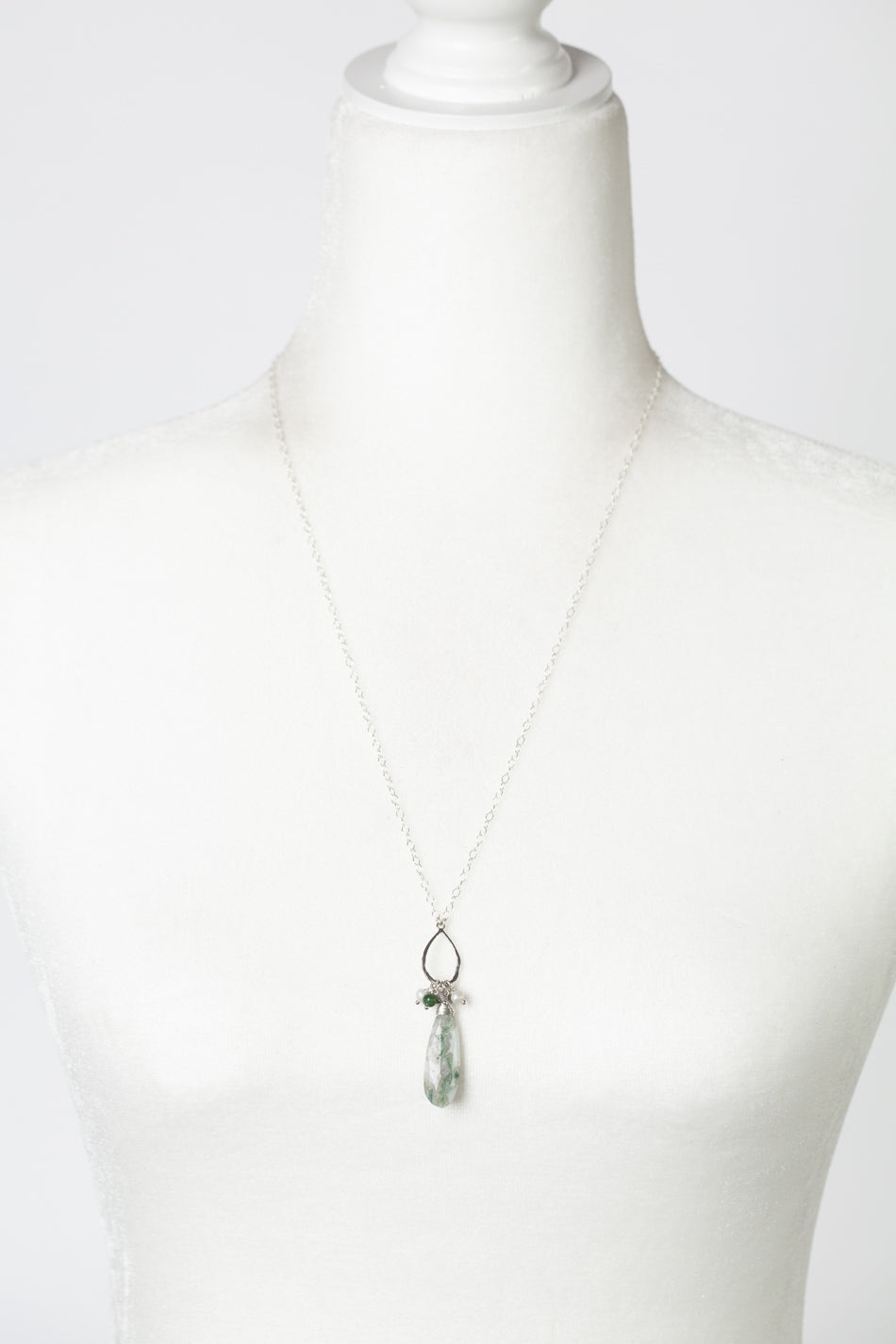 Spring Frost 22.5-24.5 Freshwater Pearl, Moonstone With High Quality Moss Agate Long Drop Pendant Cluster Necklace