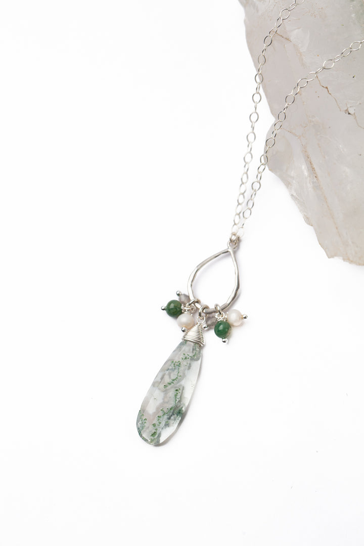 Spring Frost 22.5-24.5 Freshwater Pearl, Moonstone With High Quality Moss Agate Long Drop Pendant Cluster Necklace