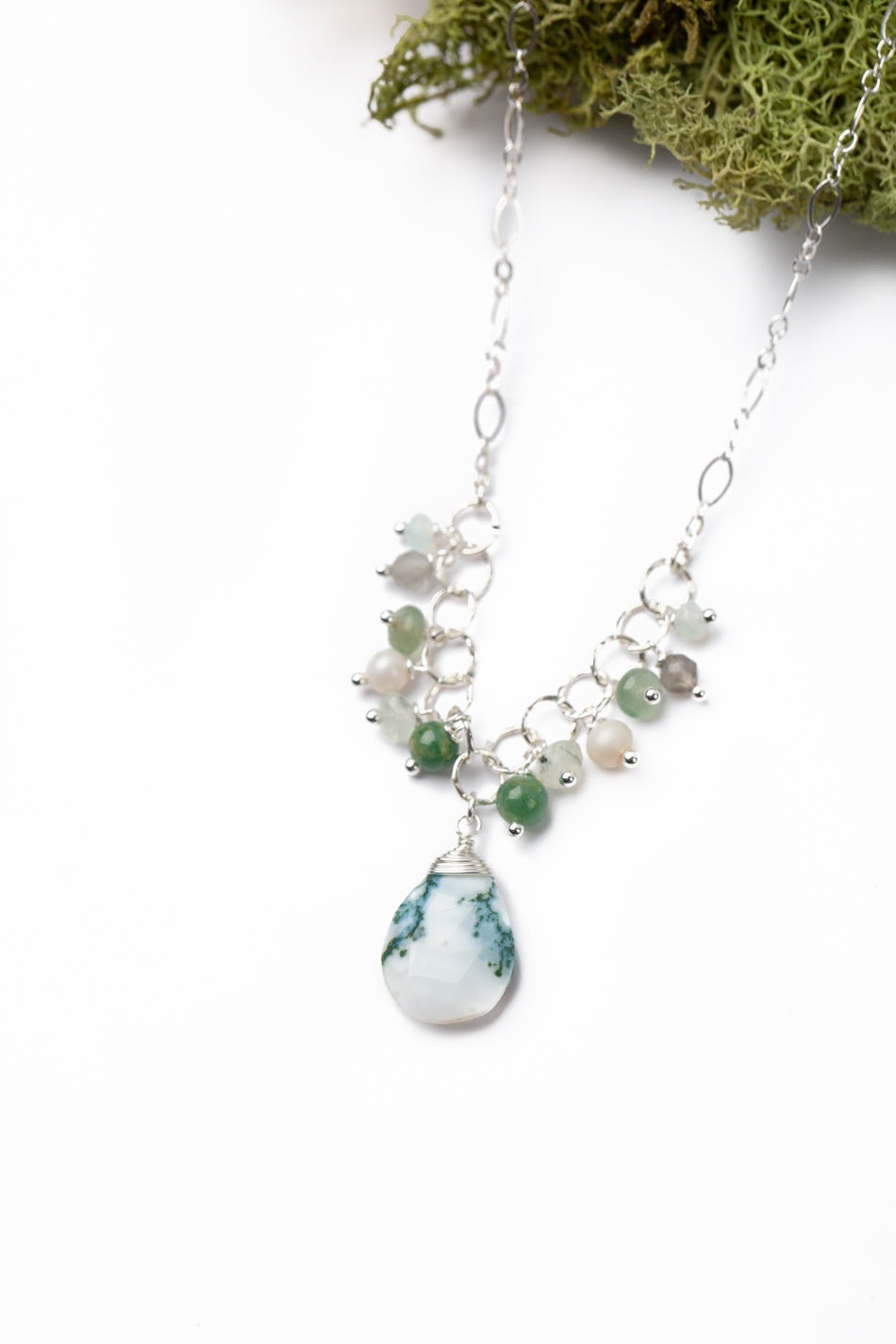 Spring Frost 19-21" Moonstone, Freshwater Pearl, Chrysoprase With Faceted Moss Agate Briolette Cluster Necklace