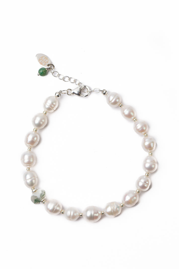 Spring Frost 7.5-8.5" Freshwater Pearl, Moss Agate Simple Bracelet