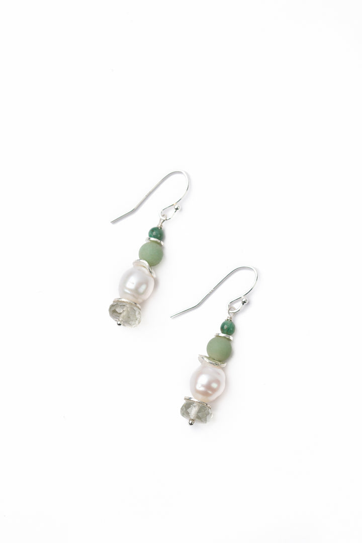 Spring Frost Faceted Green Amethyst, Freshwater Pearl, Matte Amazonite Simple Earrings