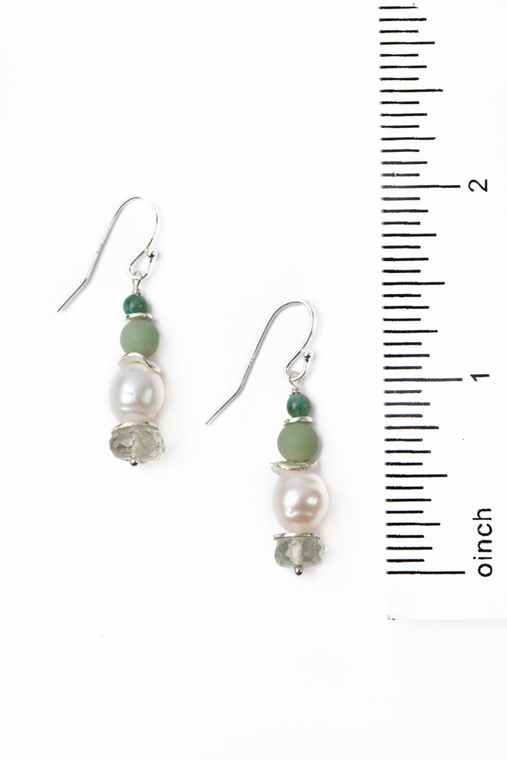 Spring Frost Faceted Green Amethyst, Freshwater Pearl, Matte Amazonite Simple Earrings