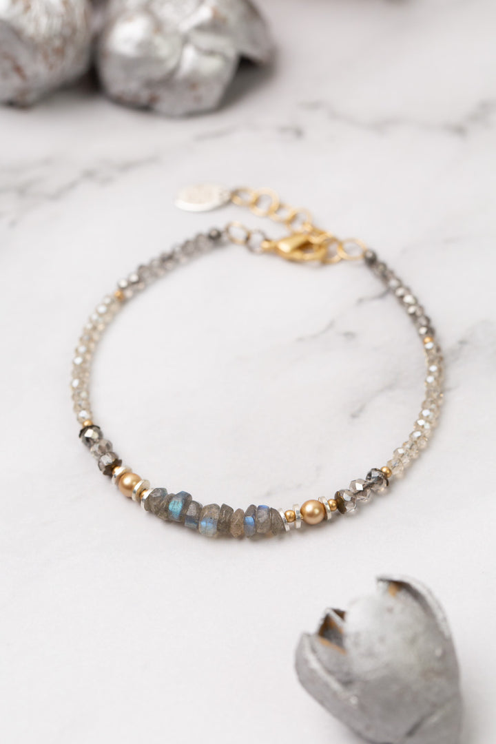 Silver & Gold 7.5-8.5" Faceted Smoky Gray Crystal, Labradorite, Czech Glass Simple Bracelet