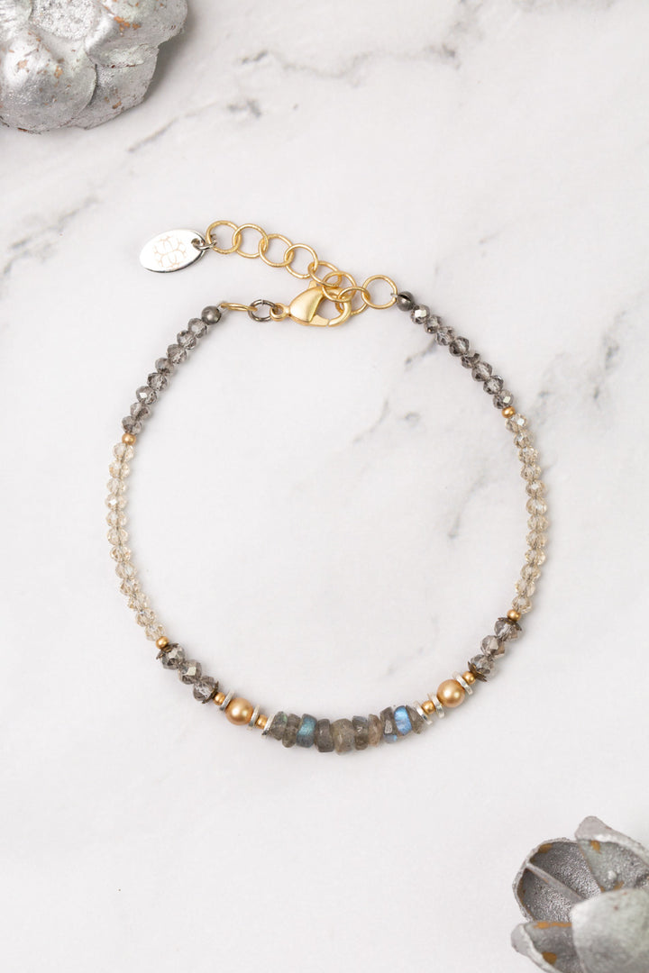 Silver & Gold 7.5-8.5" Faceted Smoky Gray Crystal, Labradorite, Czech Glass Simple Bracelet